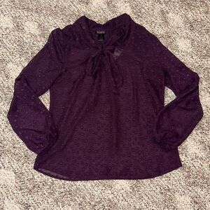 Soho size medium, maroon polyester blouse, sheer, with bow neckline